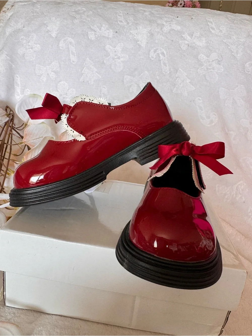 SHEIN Red Patent Mary Jane Shoes with Bow and Lace